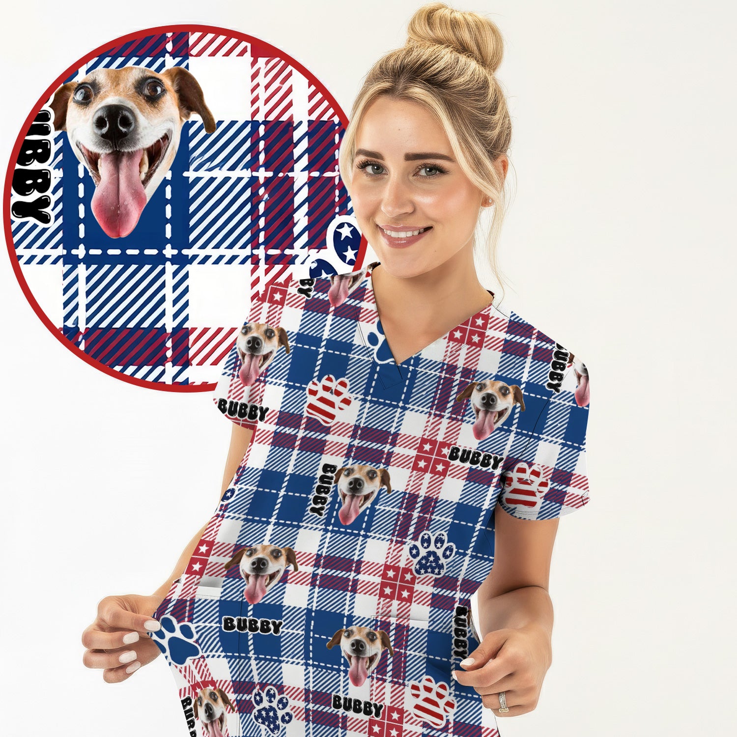 Custom Dog Face Scrub Top, Personalized Patriotic Dog Plaid Pattern Shirt, Custom Name Vet Tech Gift For Nursing