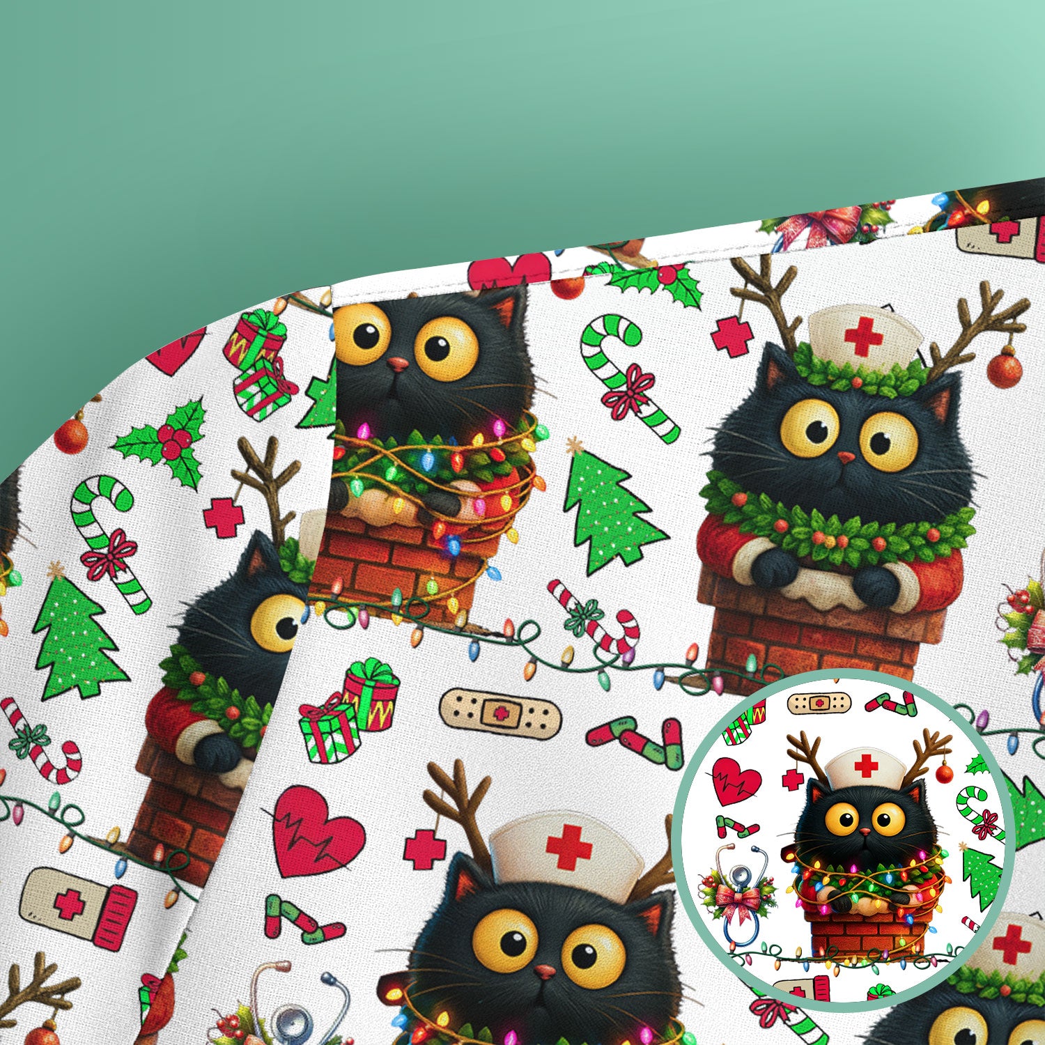 Christmas Black Cat Scrub Top for Nurse - Cute Reindeer Cat with Xmas Lights - Festive Holiday Medical Uniform for Women