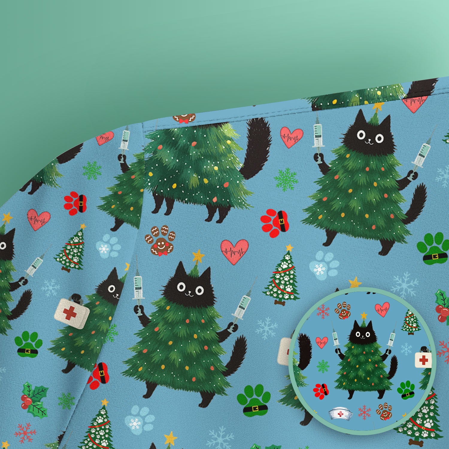 Christmas Nurse Scrub Top, Xmas Black Cat Pattern Nurse Shirt,  Breathable Fabrics Nursing Uniform