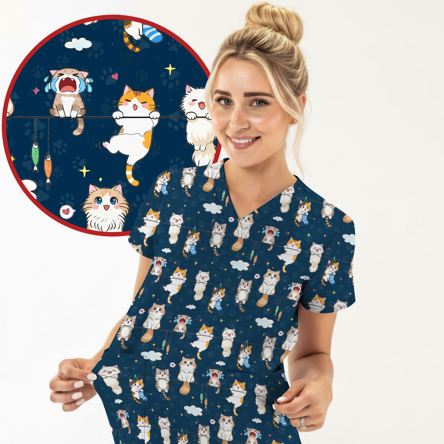 Funny Cats With Cute Expressions Pattern Scrubs Top, Comfortable Scrubs for Nurses