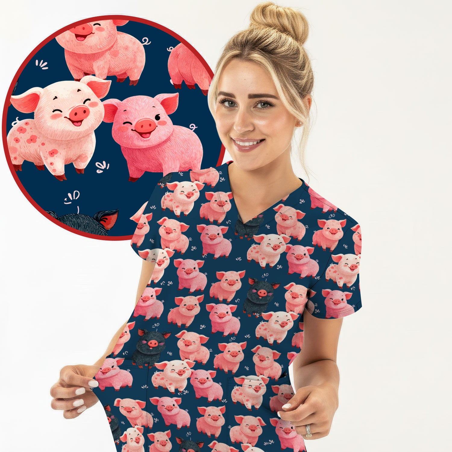 Funny Farm Pig Cartoon Pattern Scrub Top, Comfortable Scrubs for Nurses