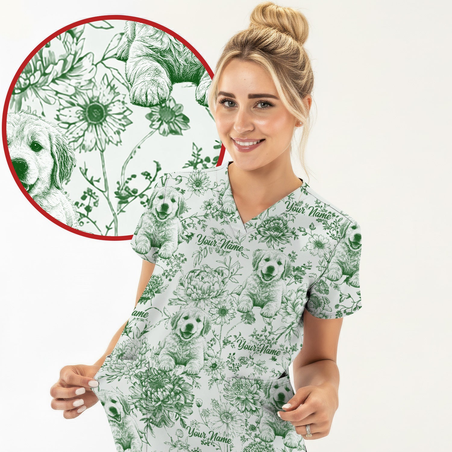 Personalized Custom Pet Photo Name Floral Pattern Scrub Top, Breathable Fabrics Nursing Uniform