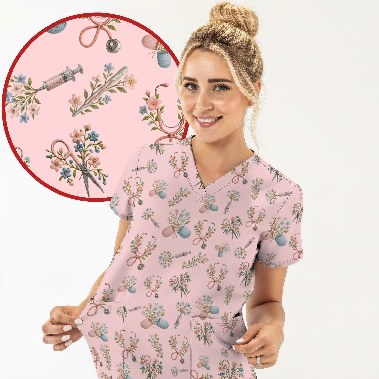 Floral Medical Scrub Top, Elegant Stethoscope With Flower Nursing Shirt, Breathable Fabrics Nurse Uniform