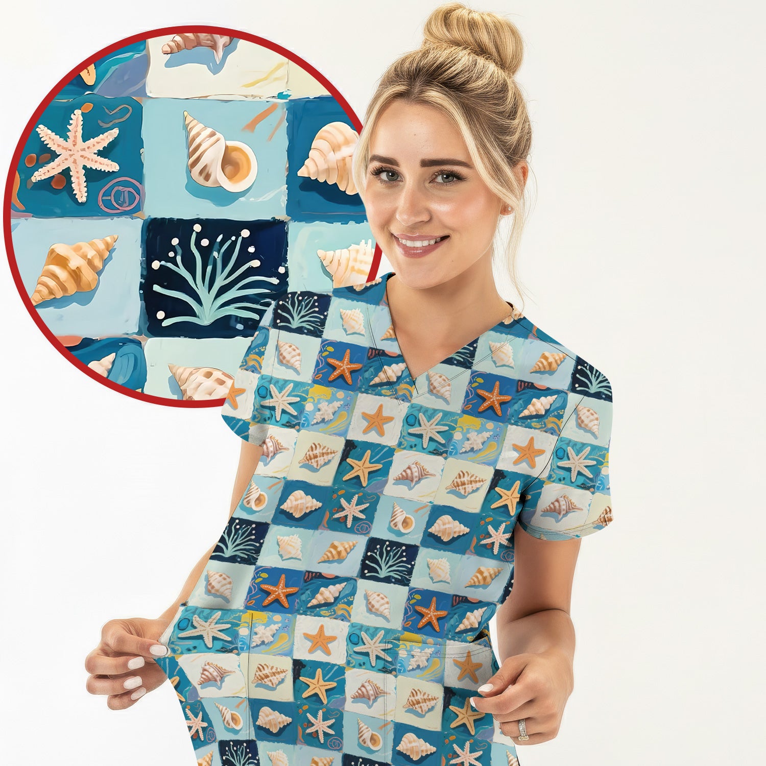 Cute Seashell Starfish Ocean Tile Pattern Scrub Top, Comfortable Scrubs for Nurses