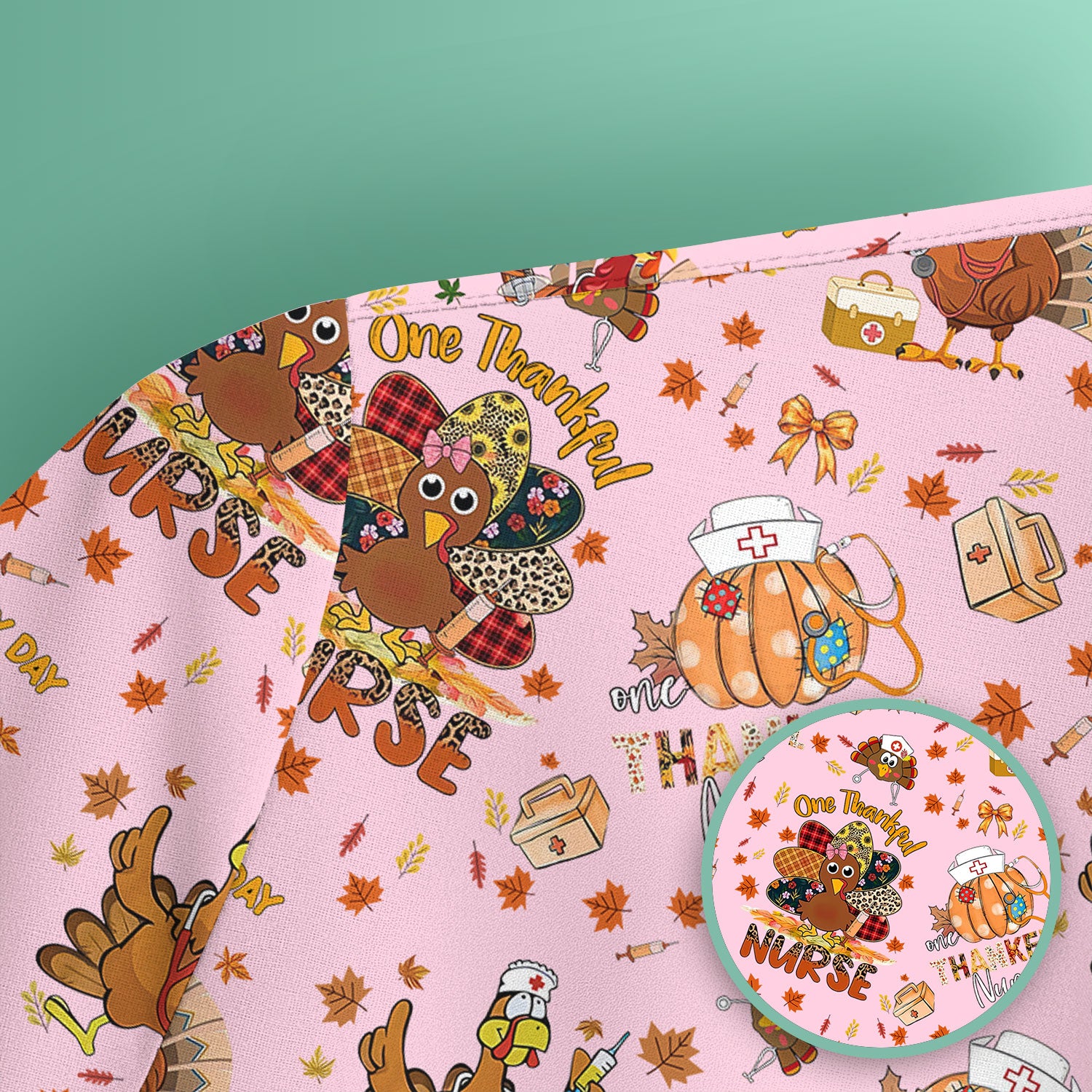 Thanksgiving Nurse Fall Scrub Top for Women - Cute Turkey and Pumpkin Shirt - Autumn Medical Shirt Gift for RN CNA LPN Doctor