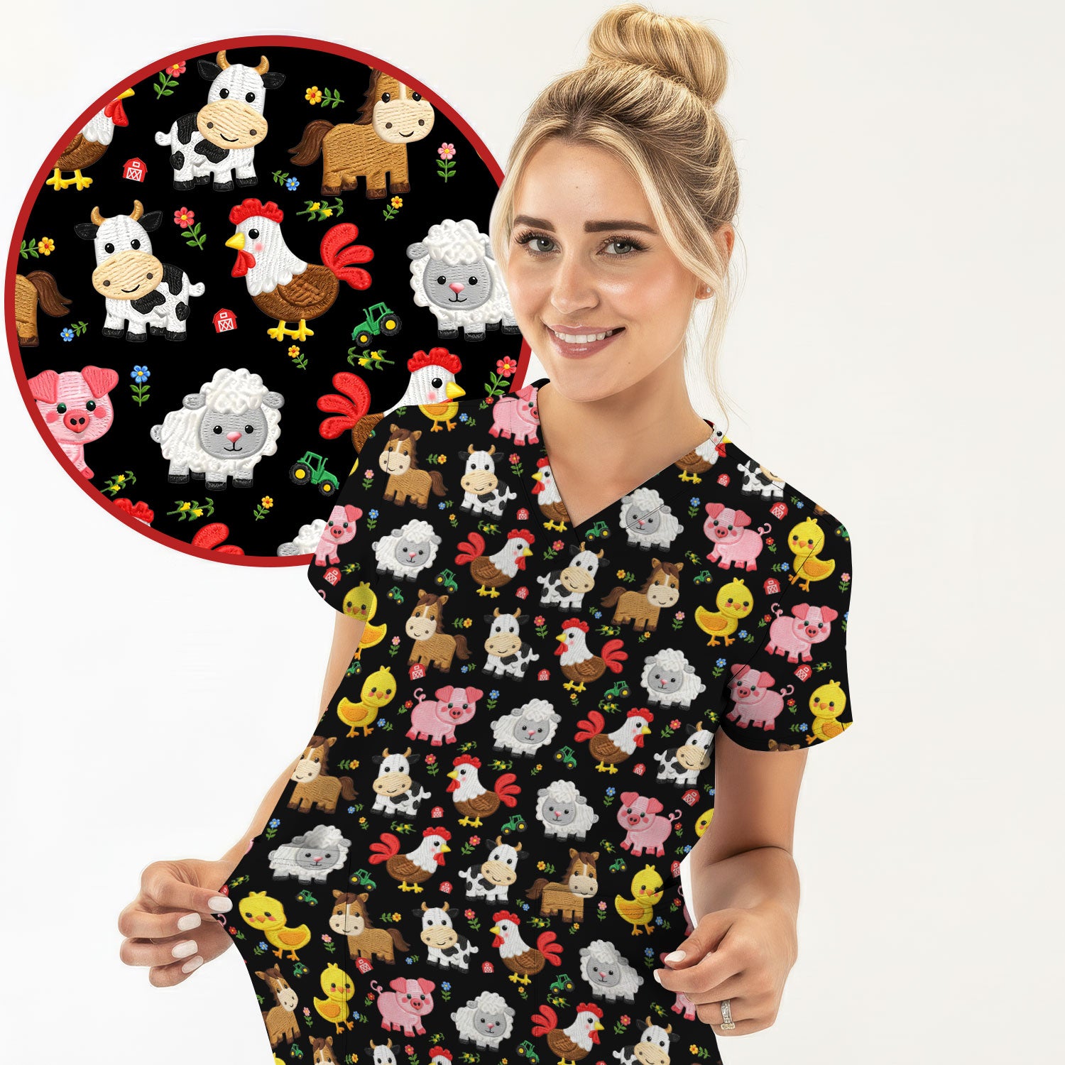 Cartoon Farm Animal Pattern Scrub Top, Breathable Fabrics Nursing Uniform