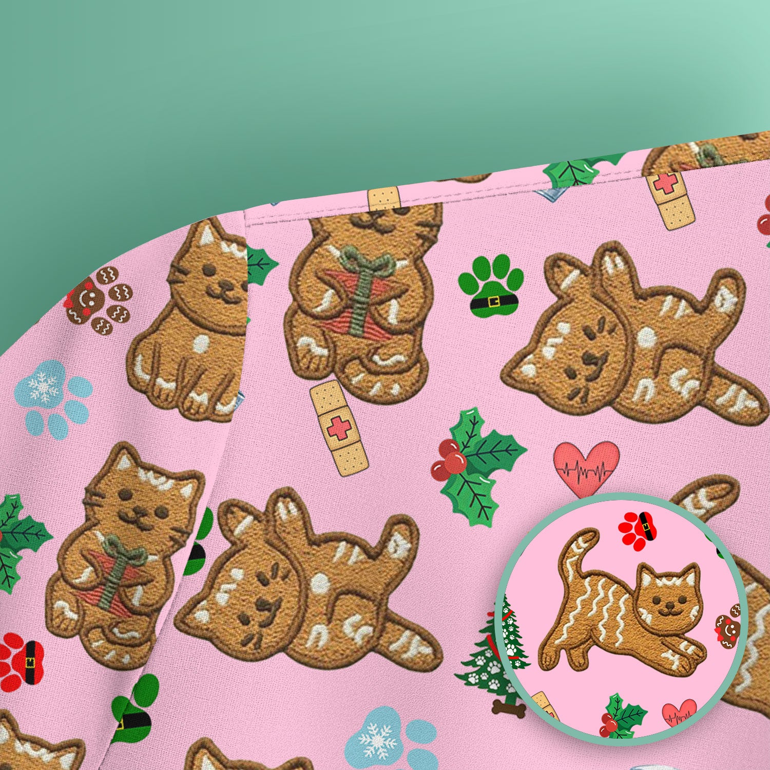 Gingerbread Cat Christmas Scrub Top, Cute Holiday Kitty Medical Uniform Shirt For Nursing, Festive Nurse Pattern