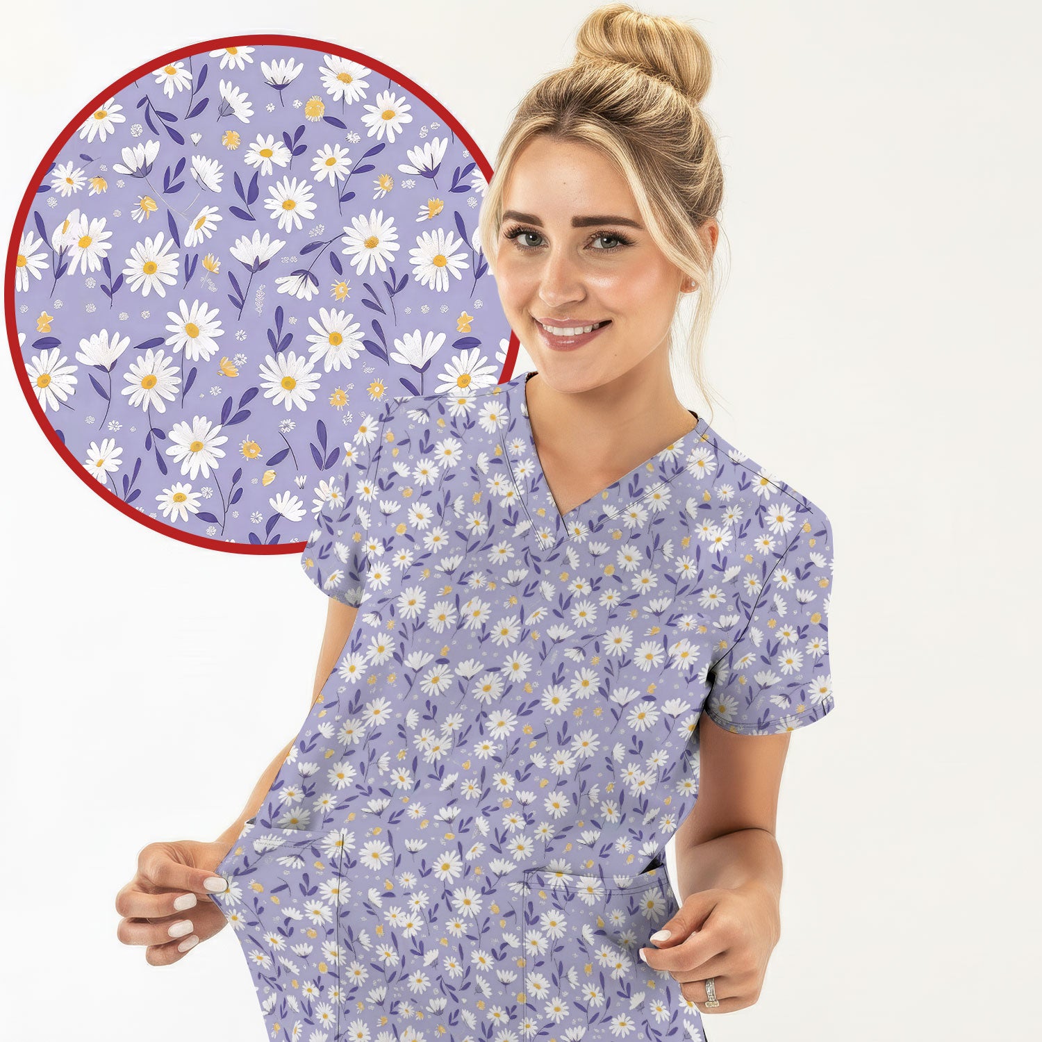 Cute Purple Daisy Botanical Print Scrub Top, Comfortable Scrubs For Nurses