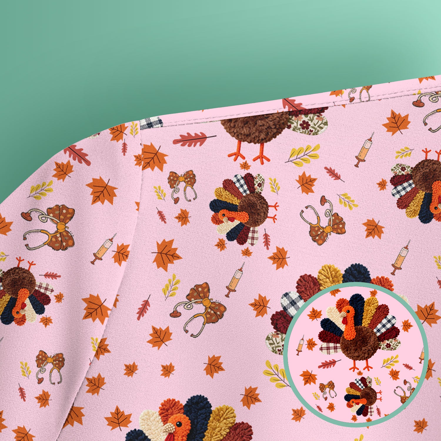 Funny Thanksgiving Nurse Scrub Top - Fall Leaves and Pumpkin Shirt - Autumn Turkey Med Uniform Gift for RN CNA LPN