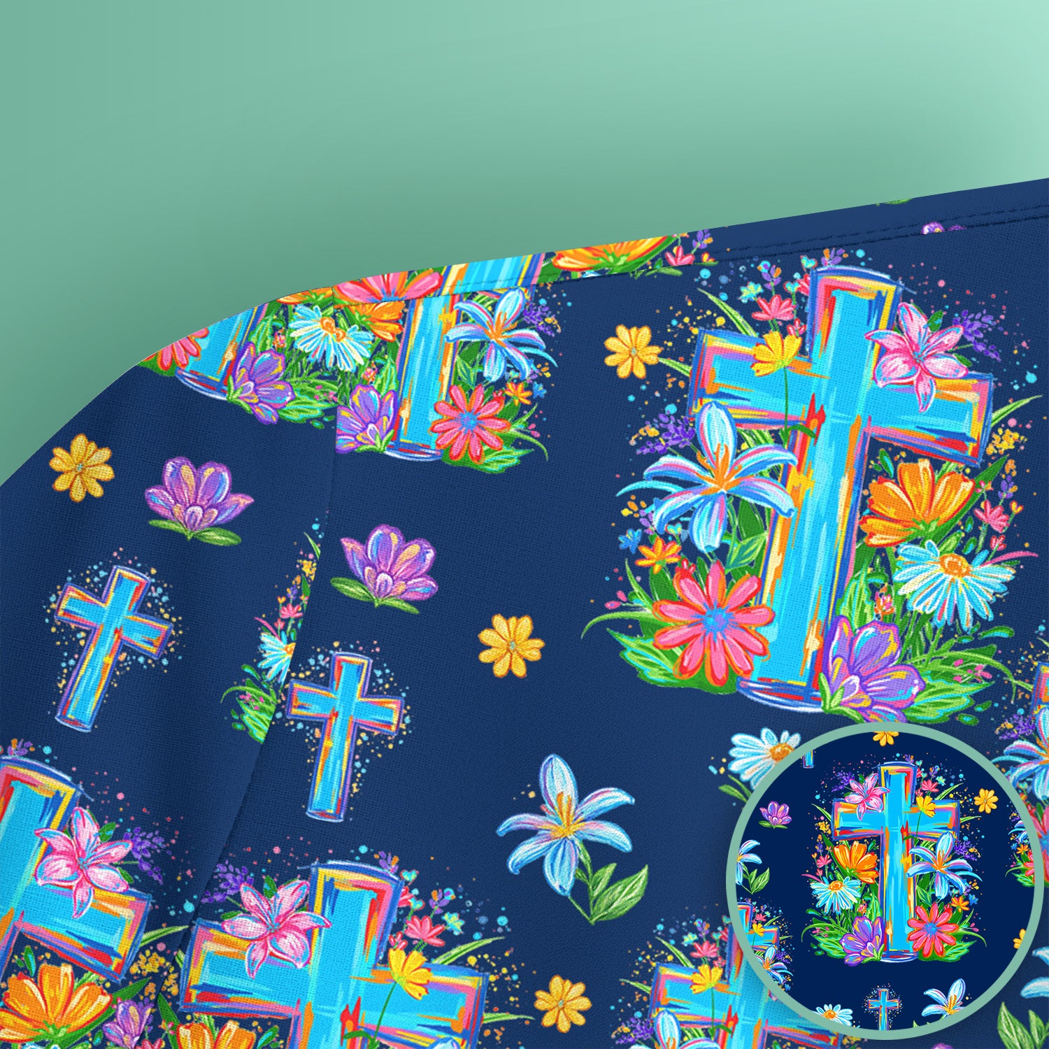 Christian Floral Cross Spring Pattern Scrub Top, Comfortable Scrubs for Nurses