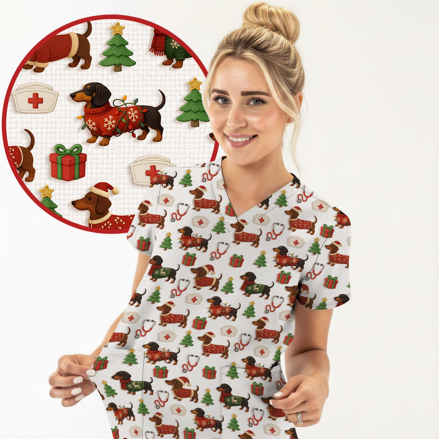 Custom Nurse Scrubs for Women - Dachshund Dog Christmas Print with Gifts & Holiday Tree - Multi Color Nursing Shirt Gift Idea