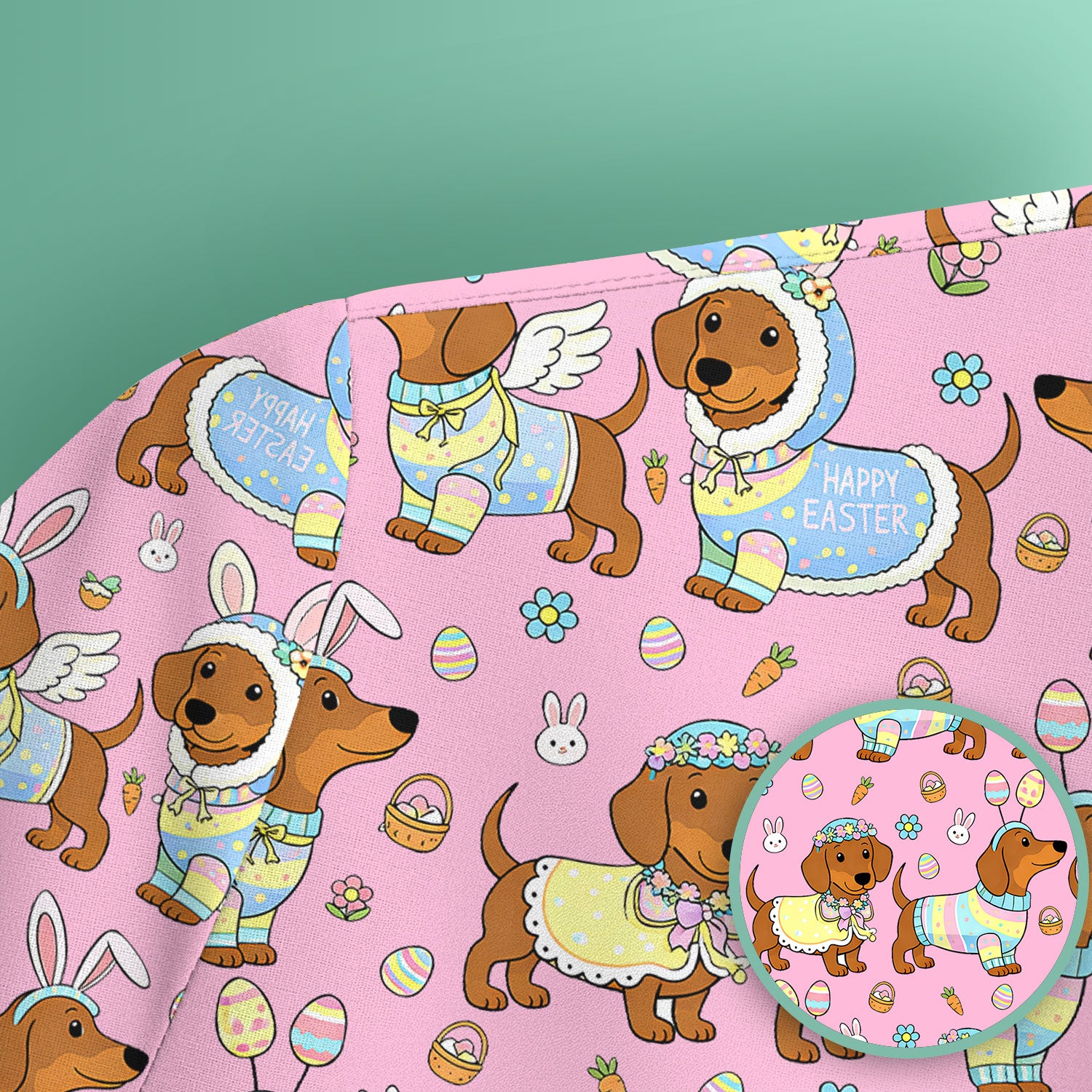 Easter Dachshund Bunny Print Scrub Top, Breathable Fabrics Nursing Uniform
