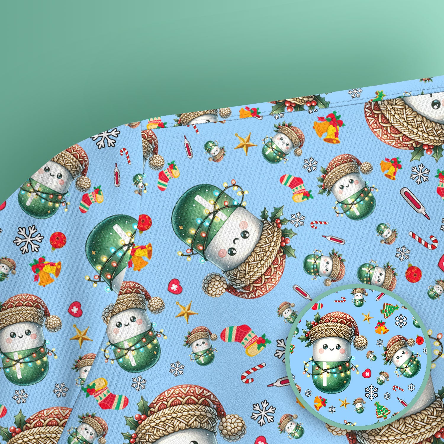 Pharmacy Tech Christmas Scrub Top – Cute Green Snowman Print Nurse Outfit – Funny Holiday Medical Uniform for Pharmacists