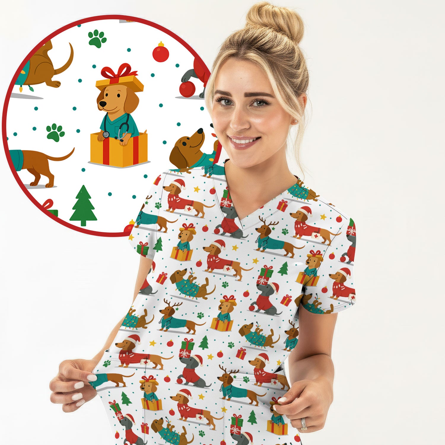 Dachshund Scrub Top Christmas - Cute Dog Nurse Shirt - Holiday Medical Scrubs Gift for Women CNA RN Doctor