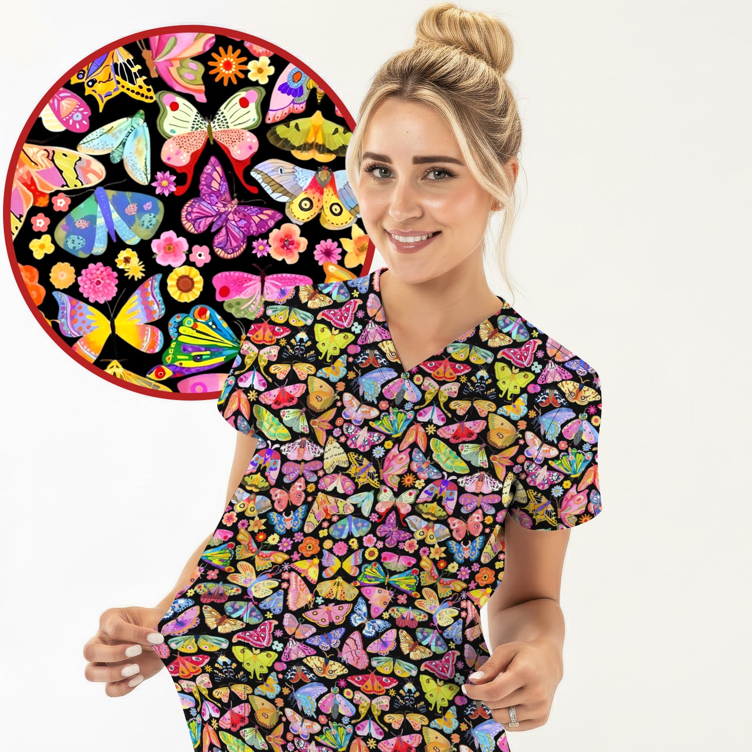 Cute Bright Butterfly Moth Floral Scrub Top, Comfortable Scrubs for Nurses