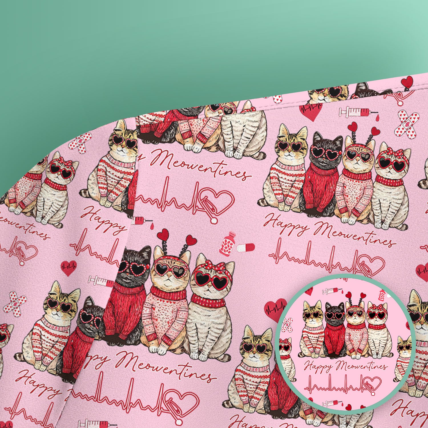 Happy Meowtines Cat Pattern Scrub Top, Valentine Cat Lover Nurse Scrub Shirt, Heartbeat Medical Pattern Nursing Uniform