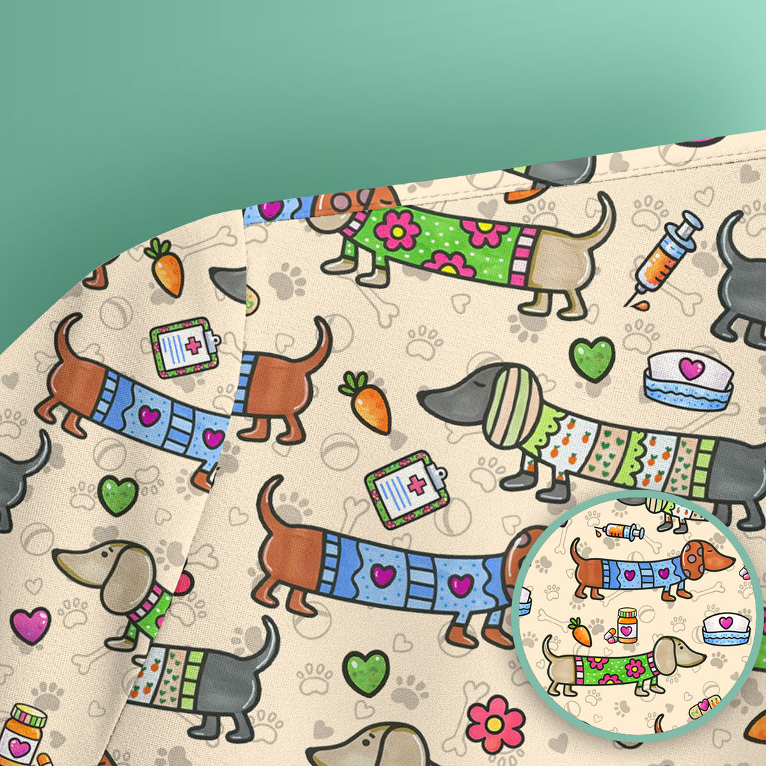 Cute Dachshund Nurse Scrub Top, Funny Wiener Dog Nursing Shirt, Breathable Fabrics Nursing Uniform