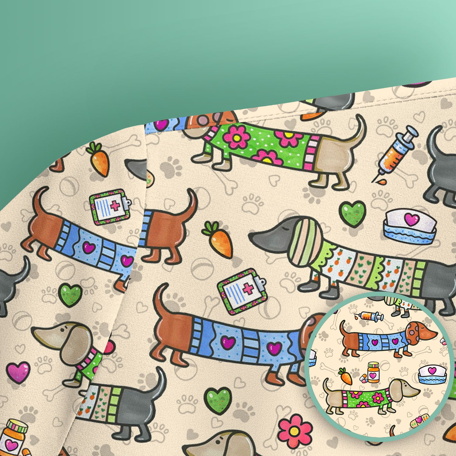 Cute Dachshund Nurse Scrub Top, Funny Wiener Dog Nursing Shirt, Breathable Fabrics Nursing Uniform