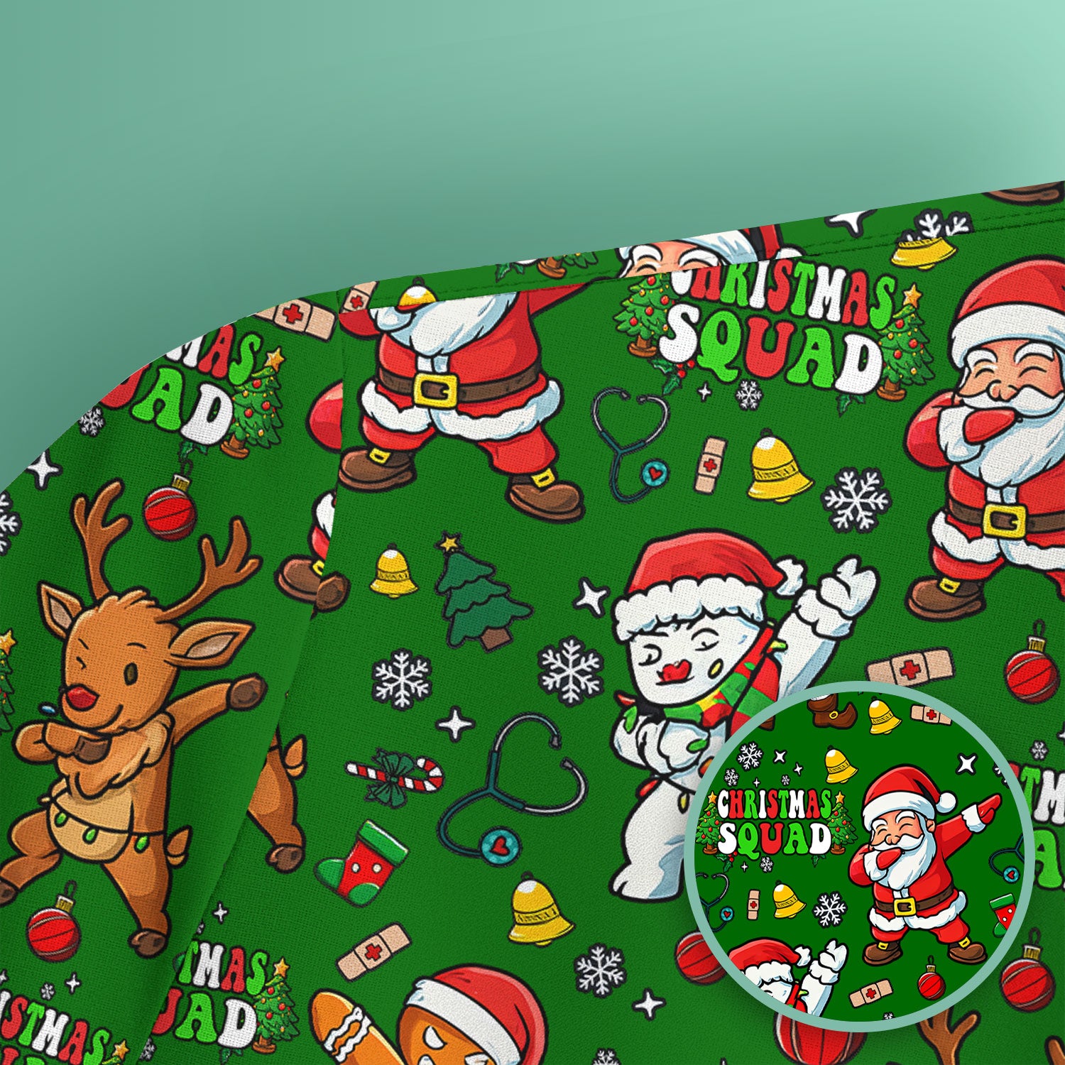 Christmas Squad Scrub Top - Dancing Santa, Reindeer & Elf Shirt - Funny Holiday Medical Uniform for Nurses, Doctors & Vet Techs
