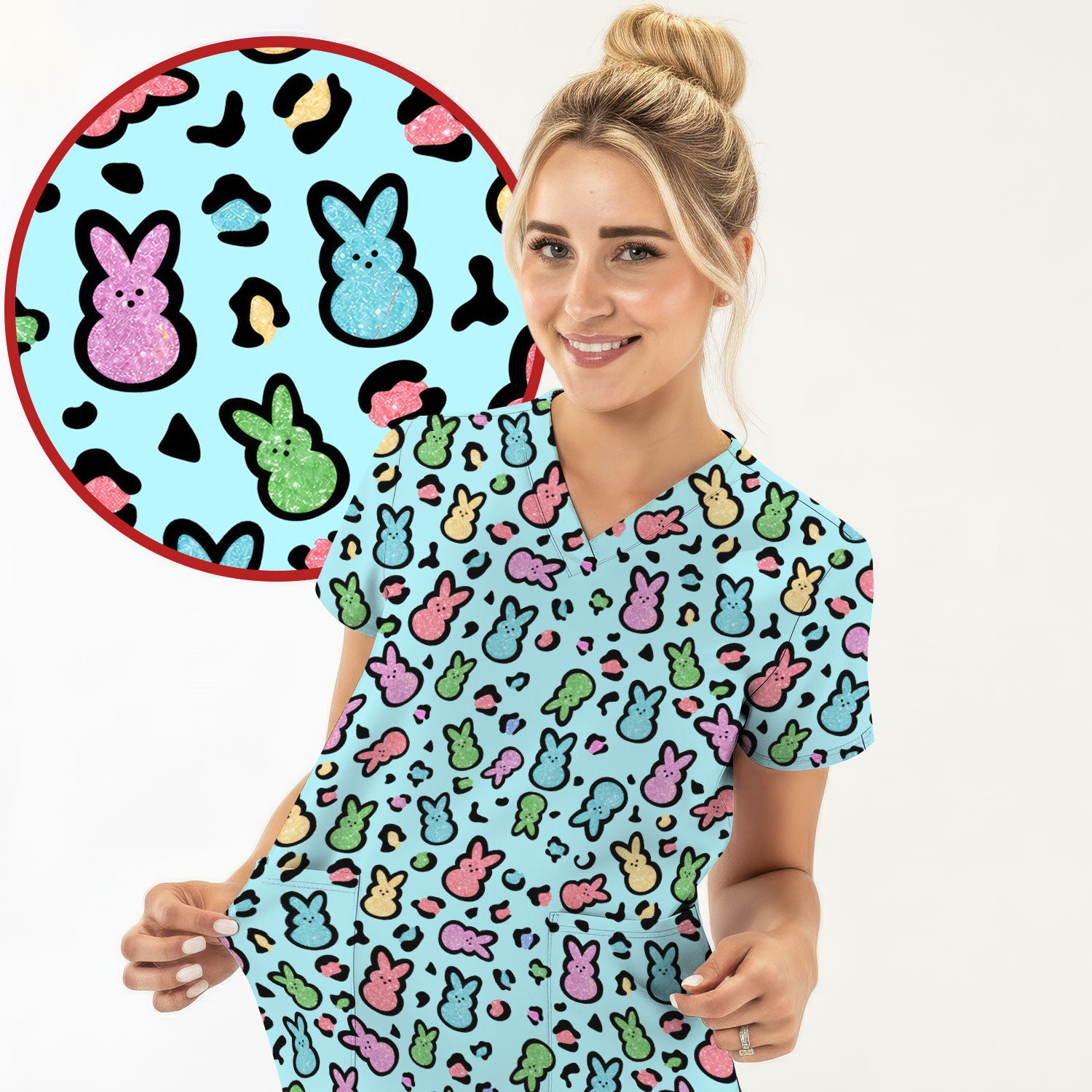 Cute Easter Bunny Pastel Pattern Scrub Top, Comfortable Scrubs for Nurses