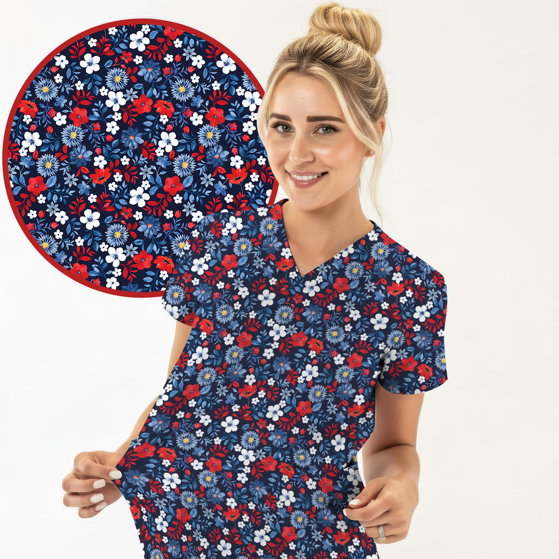 Classic Floral Print V Neck Scrub Top for Nurses, Blue Red Medical Uniform