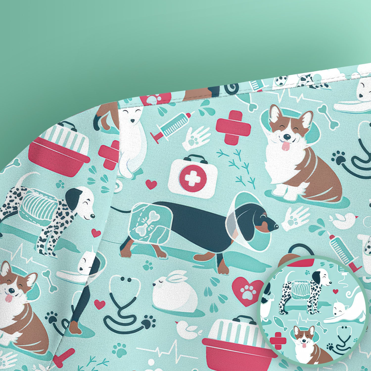 Dogs With Veterinary Tools And Paw Print Scrub Top, Breathable Fabrics Nursing Uniform