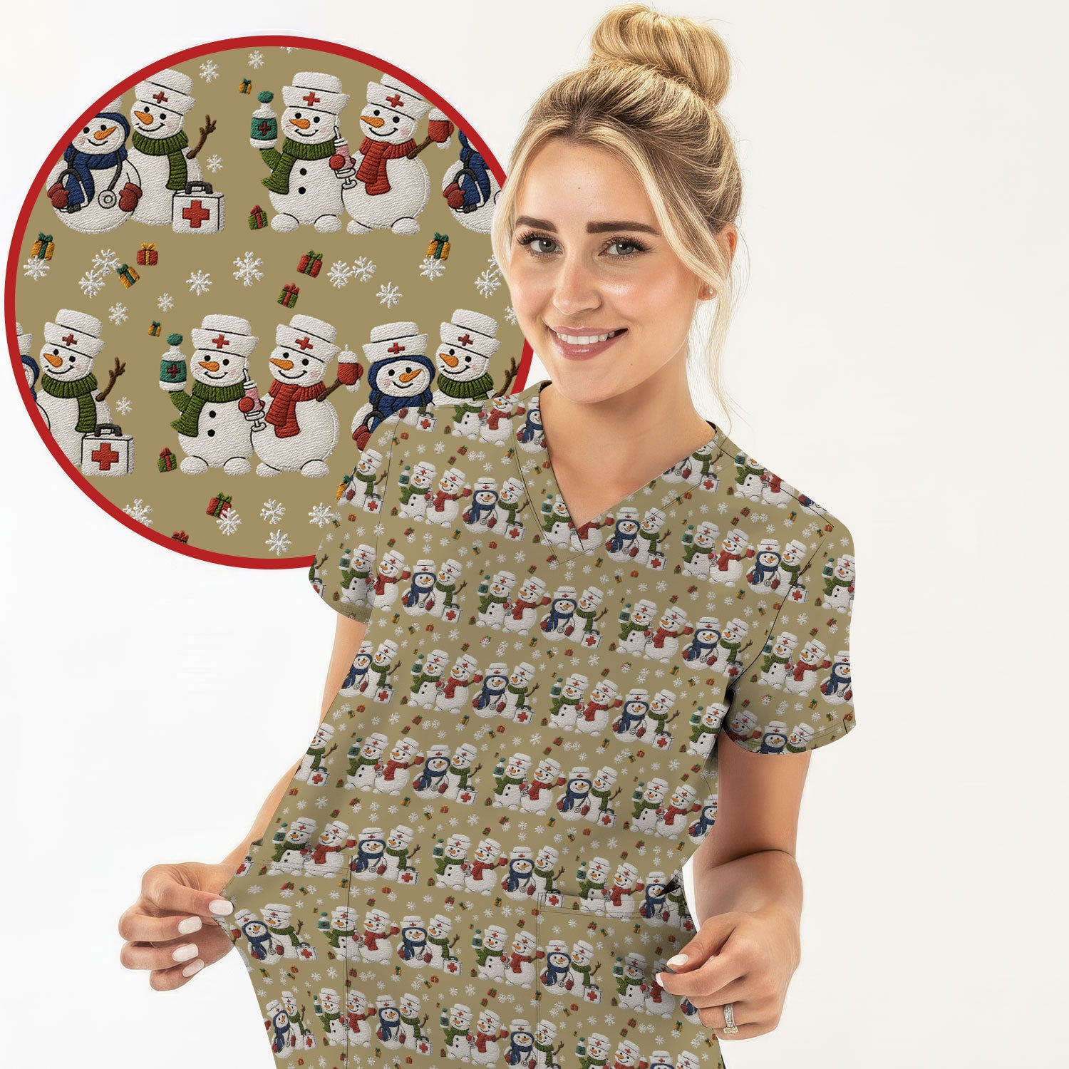 Cute Christmas Snowman Nurse Pattern Scrub Top, Breathable Fabrics Nursing Uniform