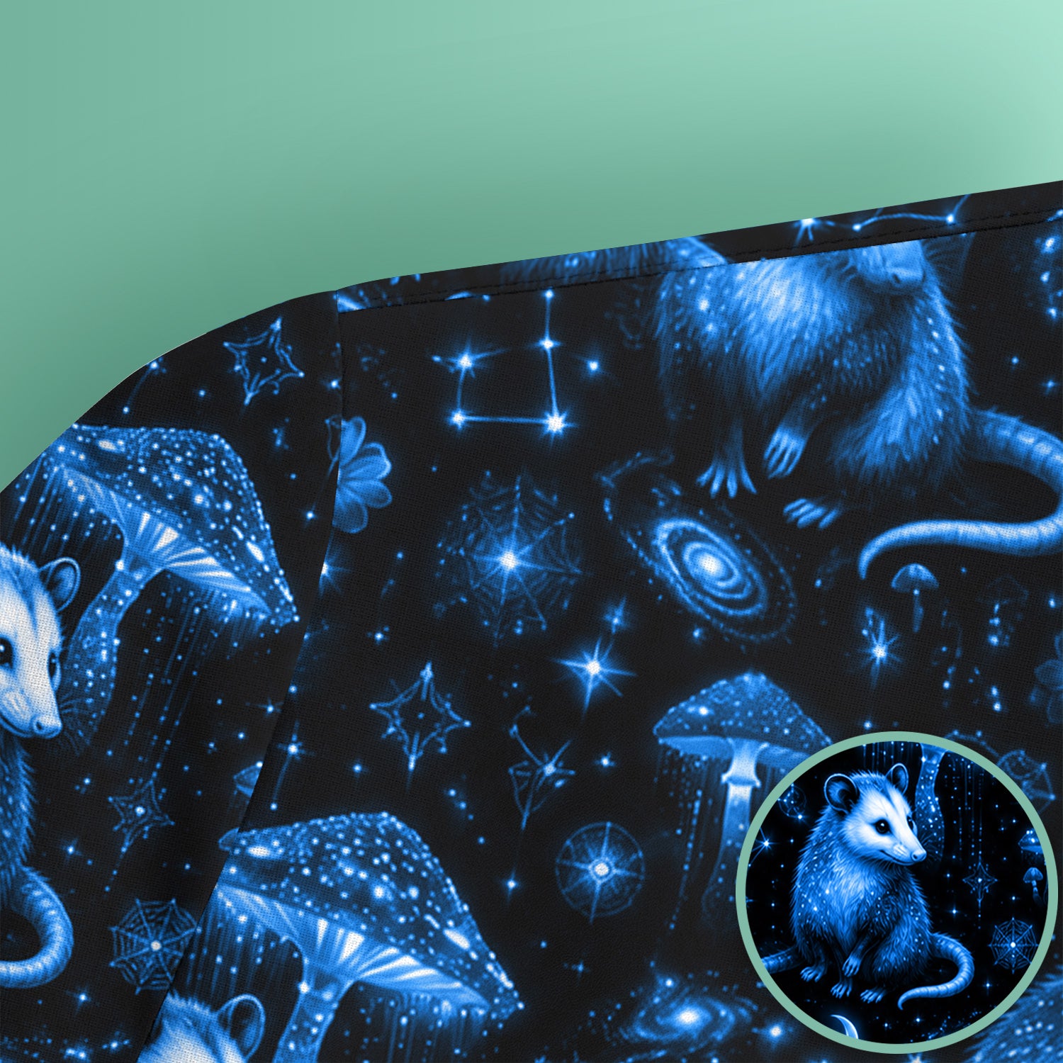 Celestial Blue Opossum With Mushroom Pattern Scrub Top, Comfortable Scrubs for Nurses