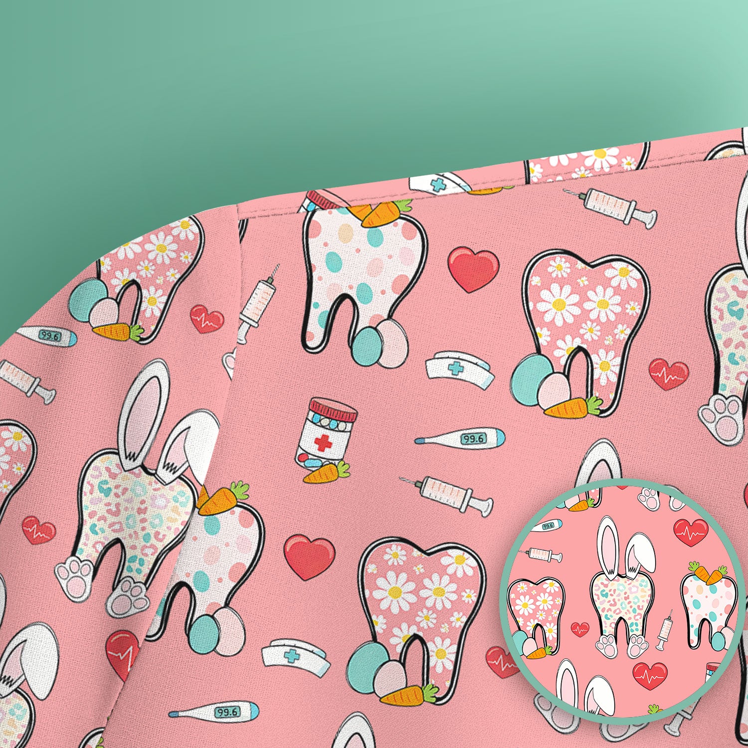 Playful Bunny Dentist Illustration Medical Scrub Top, Comfortable Scrubs for Nurses, Easter