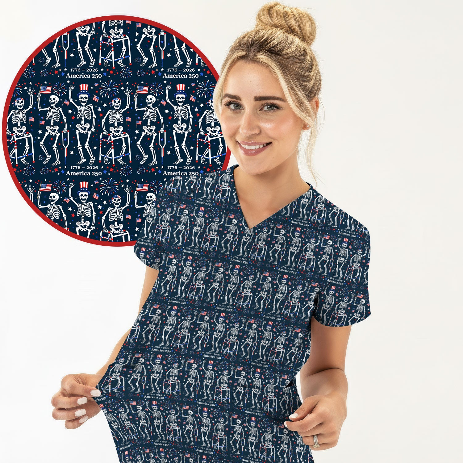 Festive Patriotic Skeleton America 250 Pattern Scrub Top, Comfortable Scrubs For Nurses