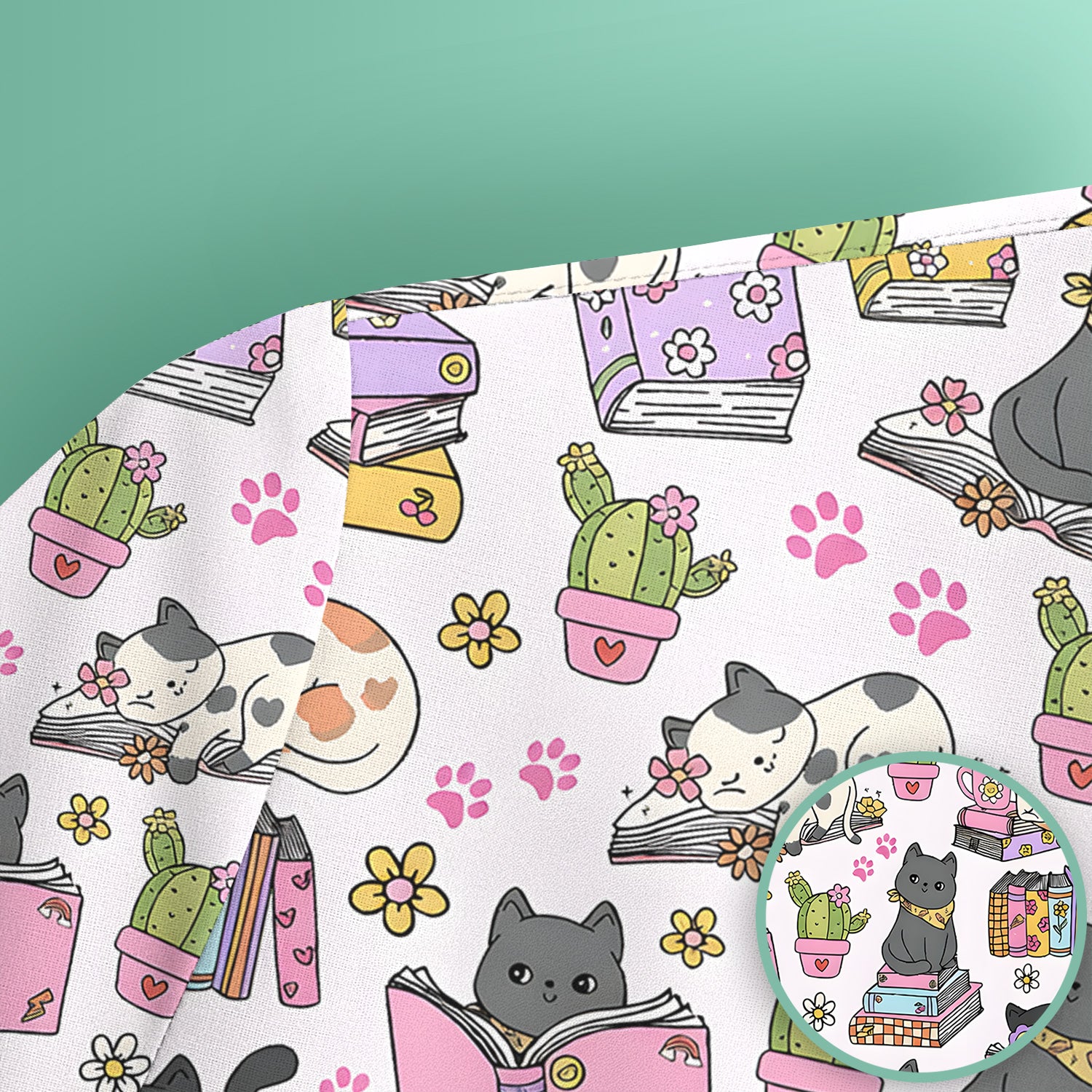 Cute Cat Book Cactus Seamless Pattern Scrub Top, Comfortable Scrubs for Nurses