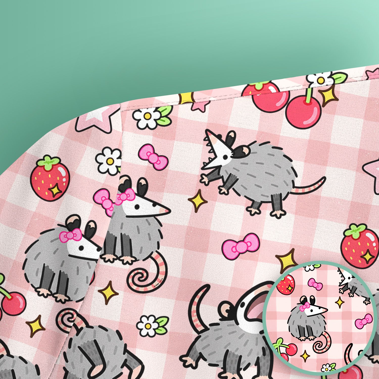 Cute Opossum And Cherries Gingham Pattern Scrub Top, Comfortable Scrubs for Nurses