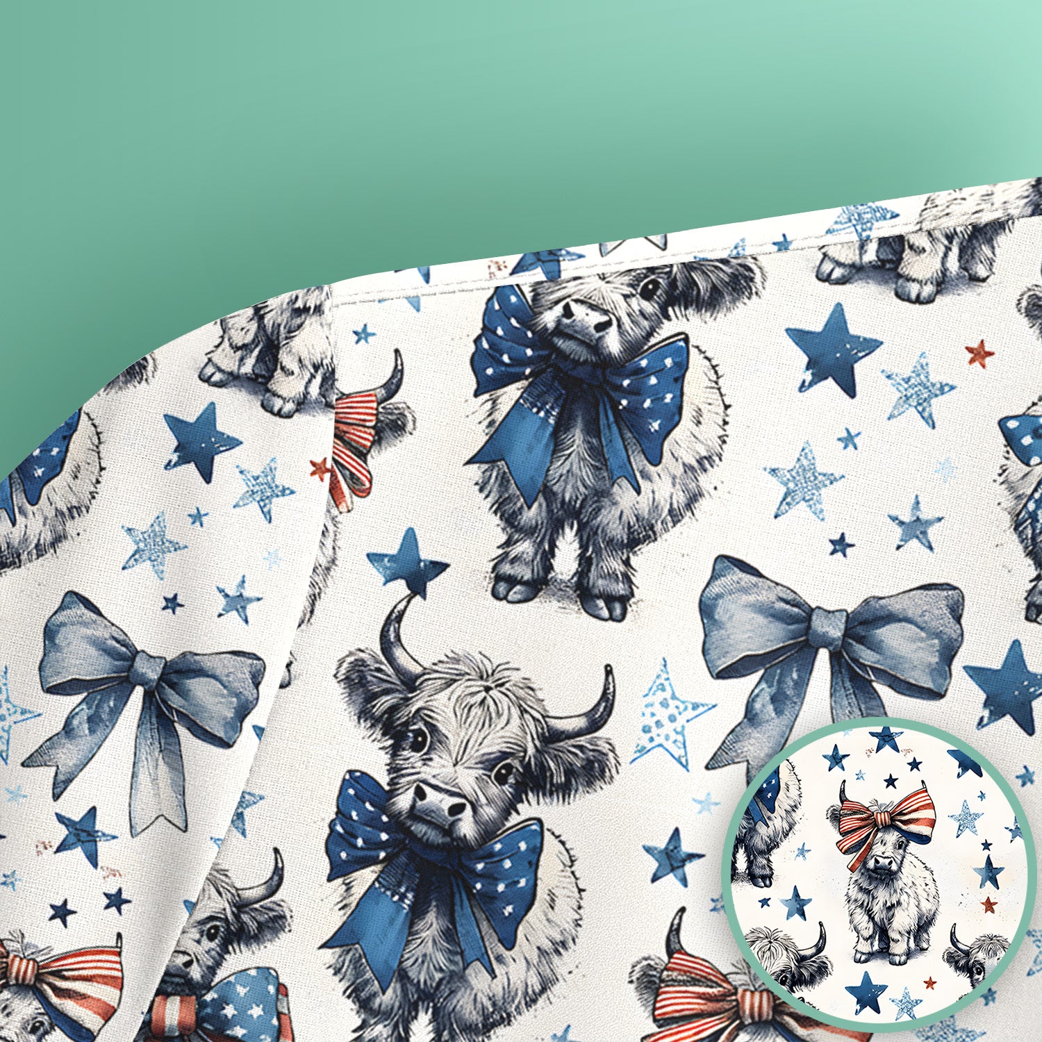 Patriotic Highland Cow Stars Pattern Scrub Top, Comfortable Scrubs for Nurses