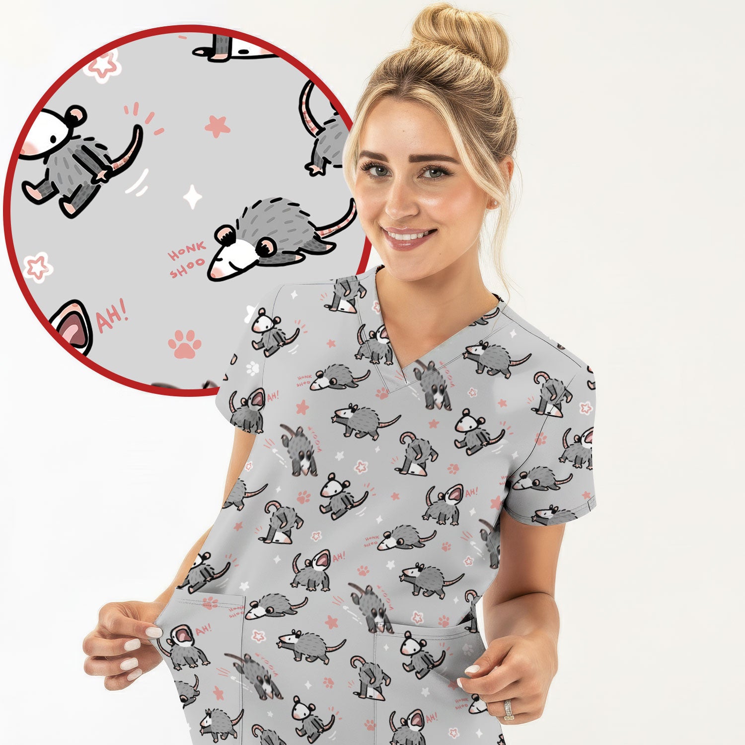 Playful Cartoon Opossum Character Pattern Scrub Top, Breathable Fabrics Nursing Uniform