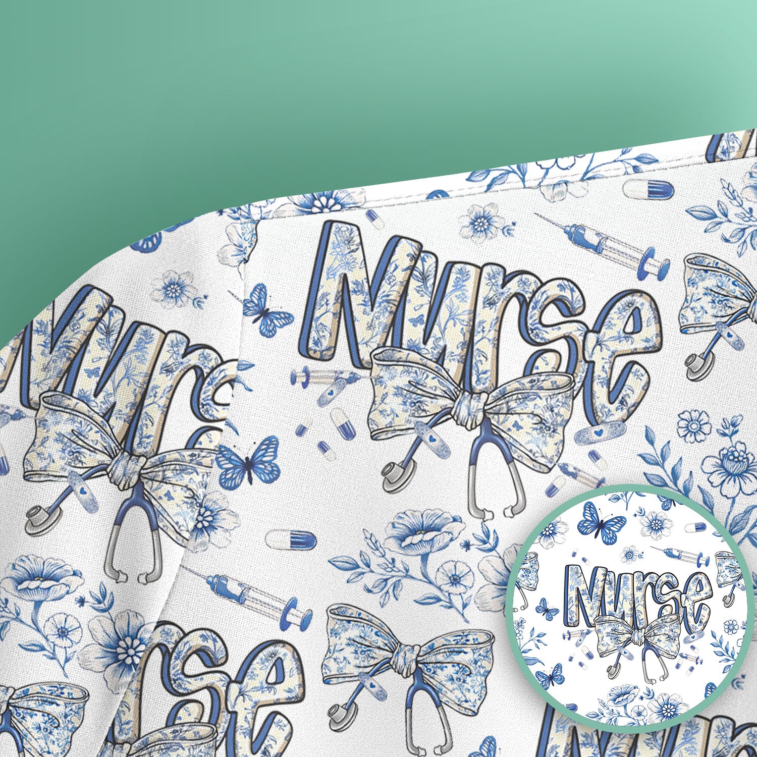 Blue Nurse Letter Bow Butterfly Floral Print Scrub Top, Comfortable Scrubs for Nurses