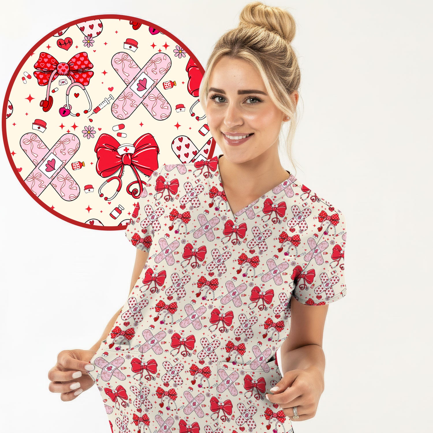 Valentine Nurse Scrub Top, Red Bow And Heart Bandage Pattern Medical Shirt, Breathable Fabrics Nursing Uniform