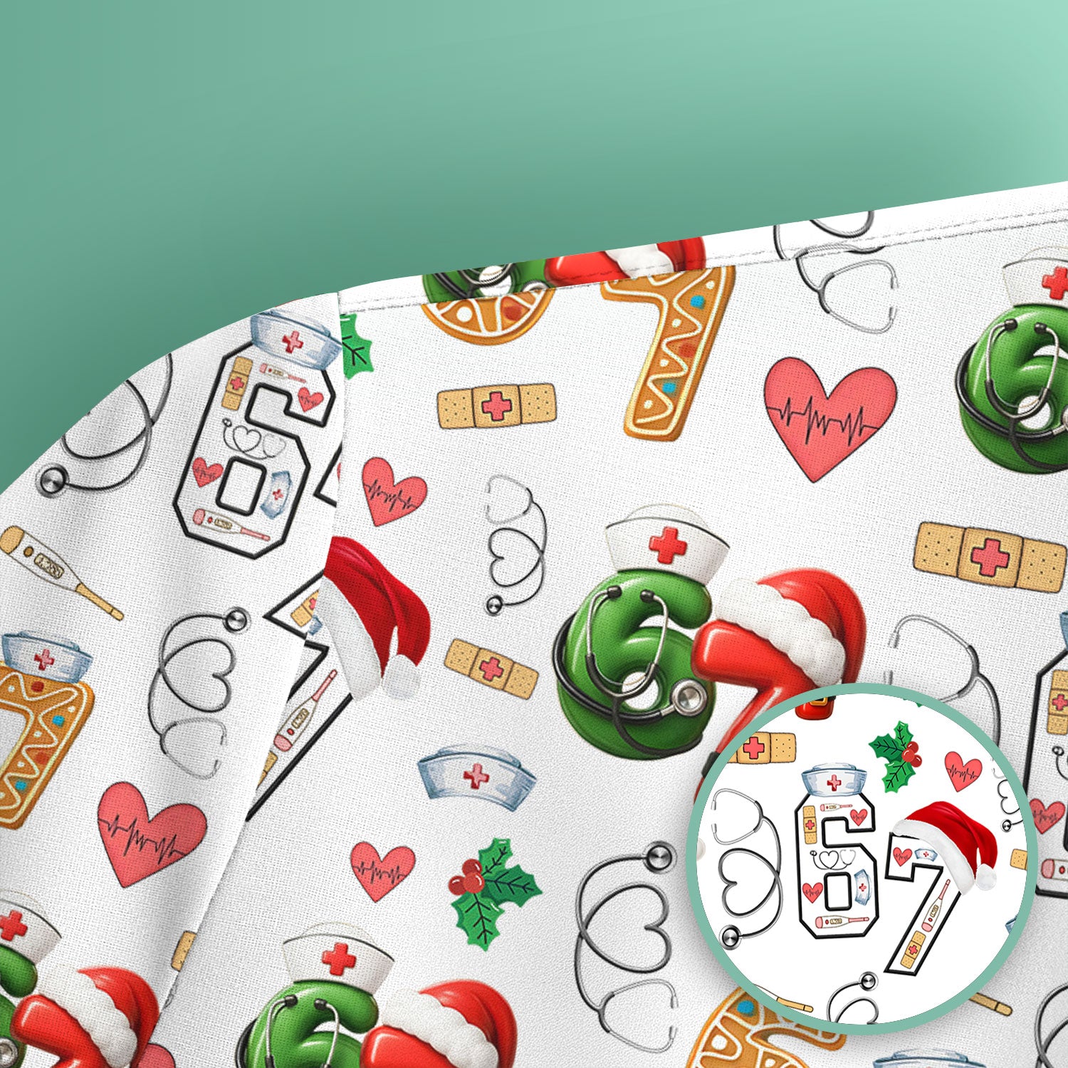 Christmas Nurse 67 Pattern Scrub Top, Cute Holiday Medical Shirt With Santa Hat, Uniform For Nursing