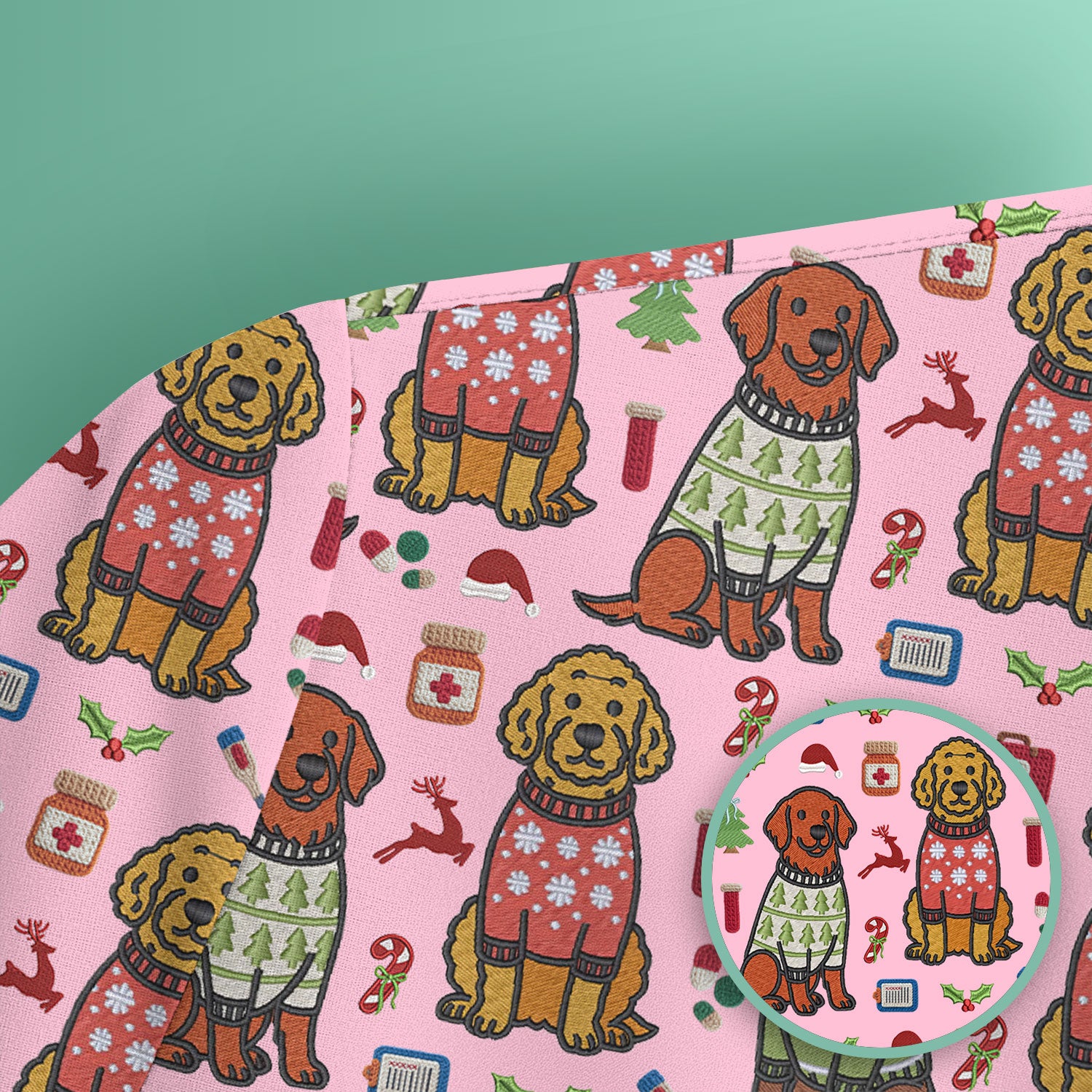 Golden Retriever Christmas Scrub Top, Cute Holiday Dog Nurse Pattern Shirt, Breathable Fabrics Nursing Uniform