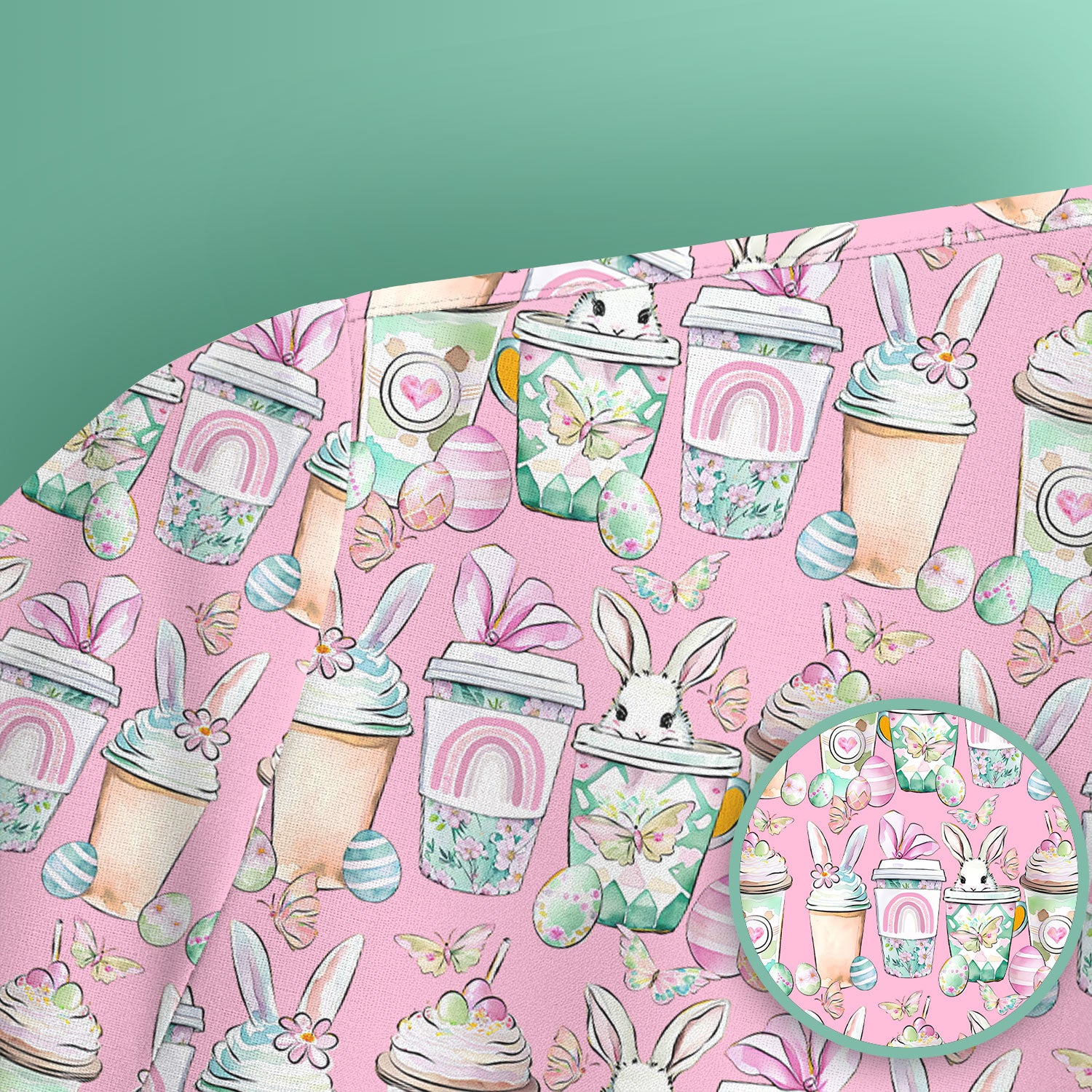 Cute Easter Bunny Coffee Cup Pattern Scrub Top, Comfortable Scrubs for Nurses