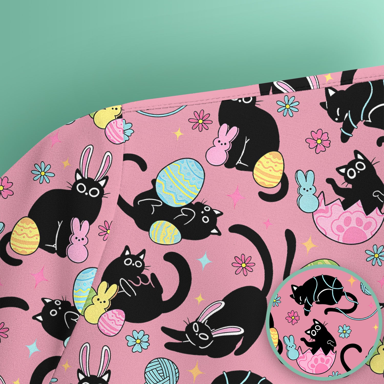 Funny Easter Black Cat Egg Pattern Scrub Top, Breathable Fabrics Nursing Uniform
