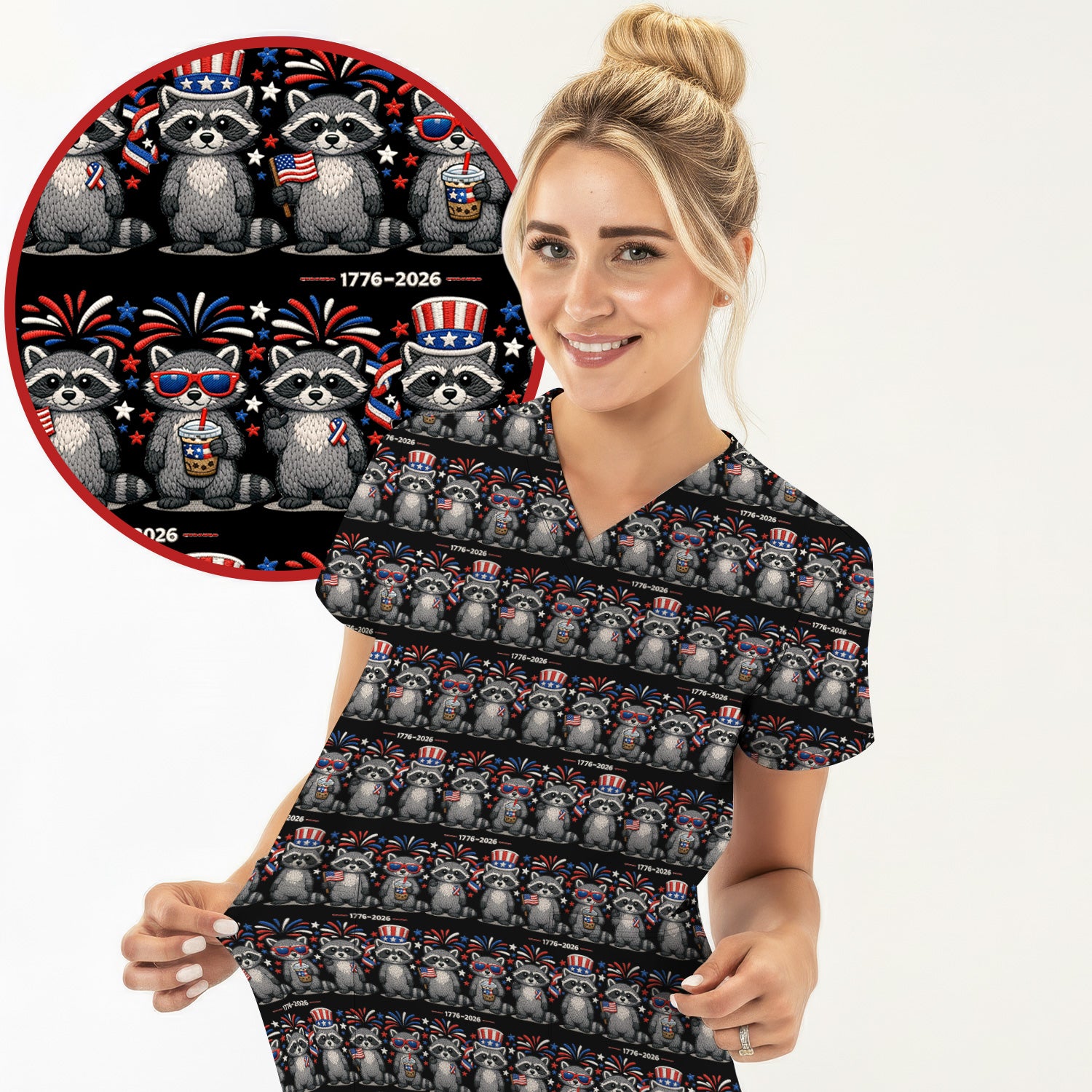 Patriotic Raccoon Fireworks Stripe Pattern Scrub Top, Comfortable Scrubs for Nurses