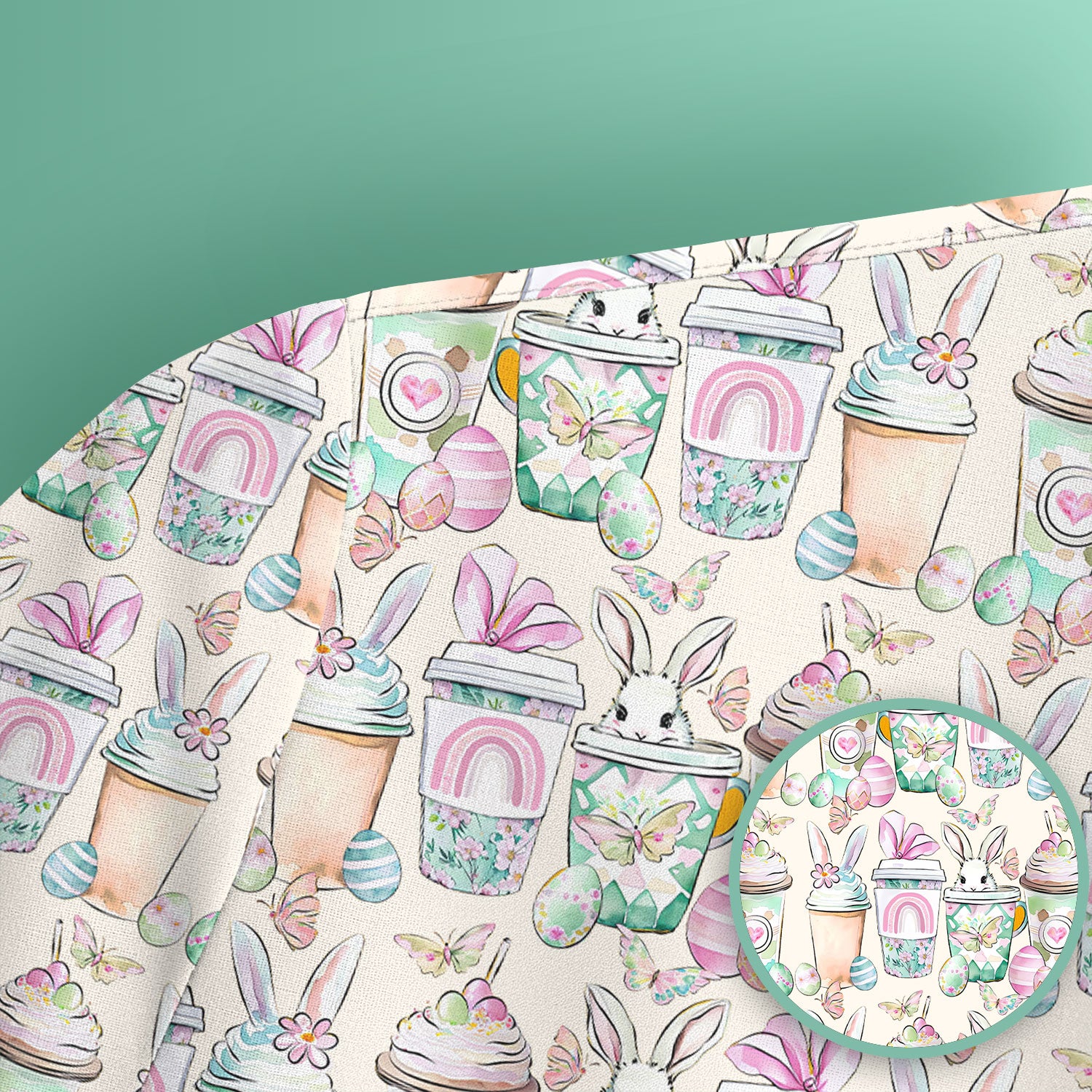 Cute Easter Bunny Coffee Cup Pattern Scrub Top, Comfortable Scrubs for Nurses