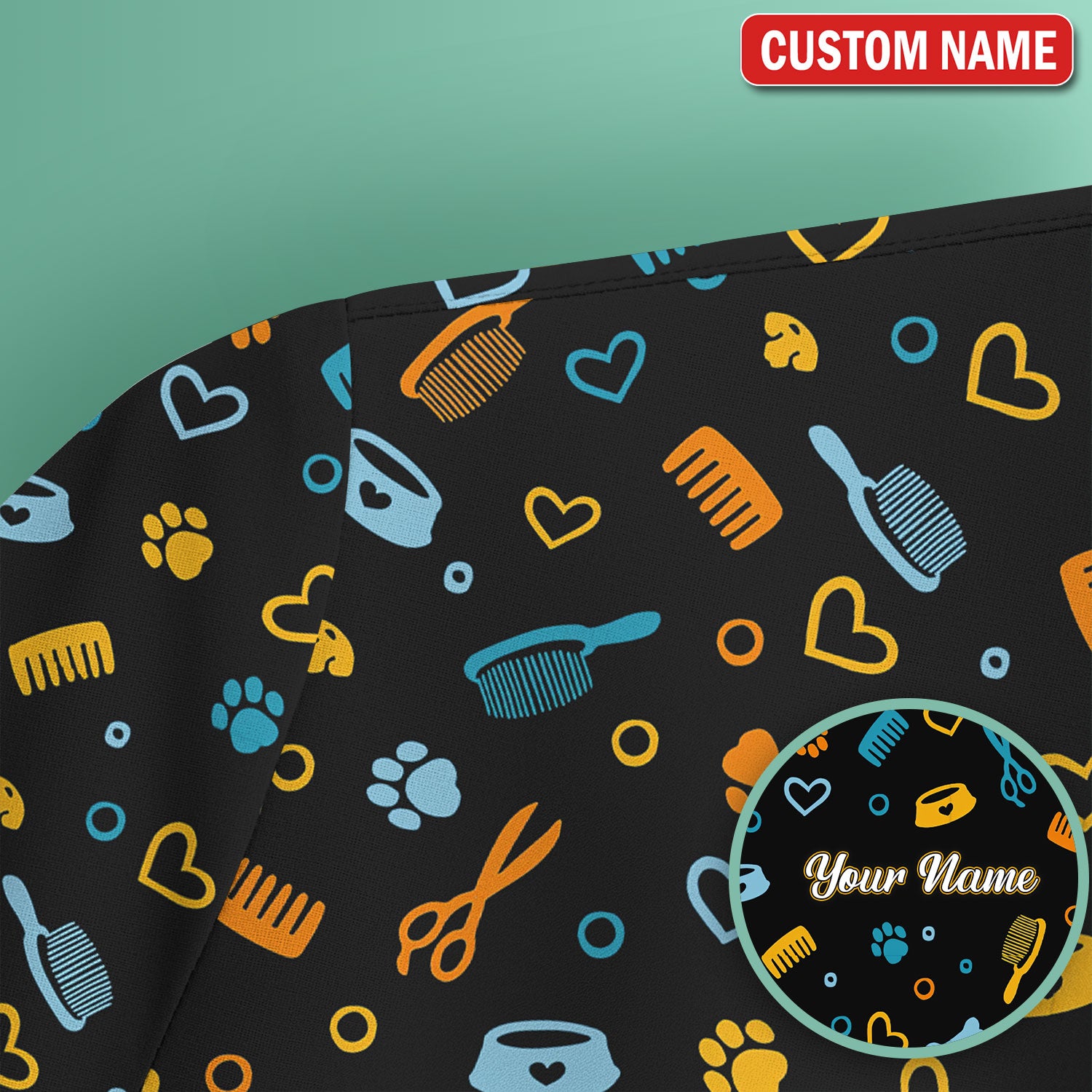 Custom Name Dog Cat Grooming Pattern Scrub Top, Breathable Fabrics Nursing Uniform