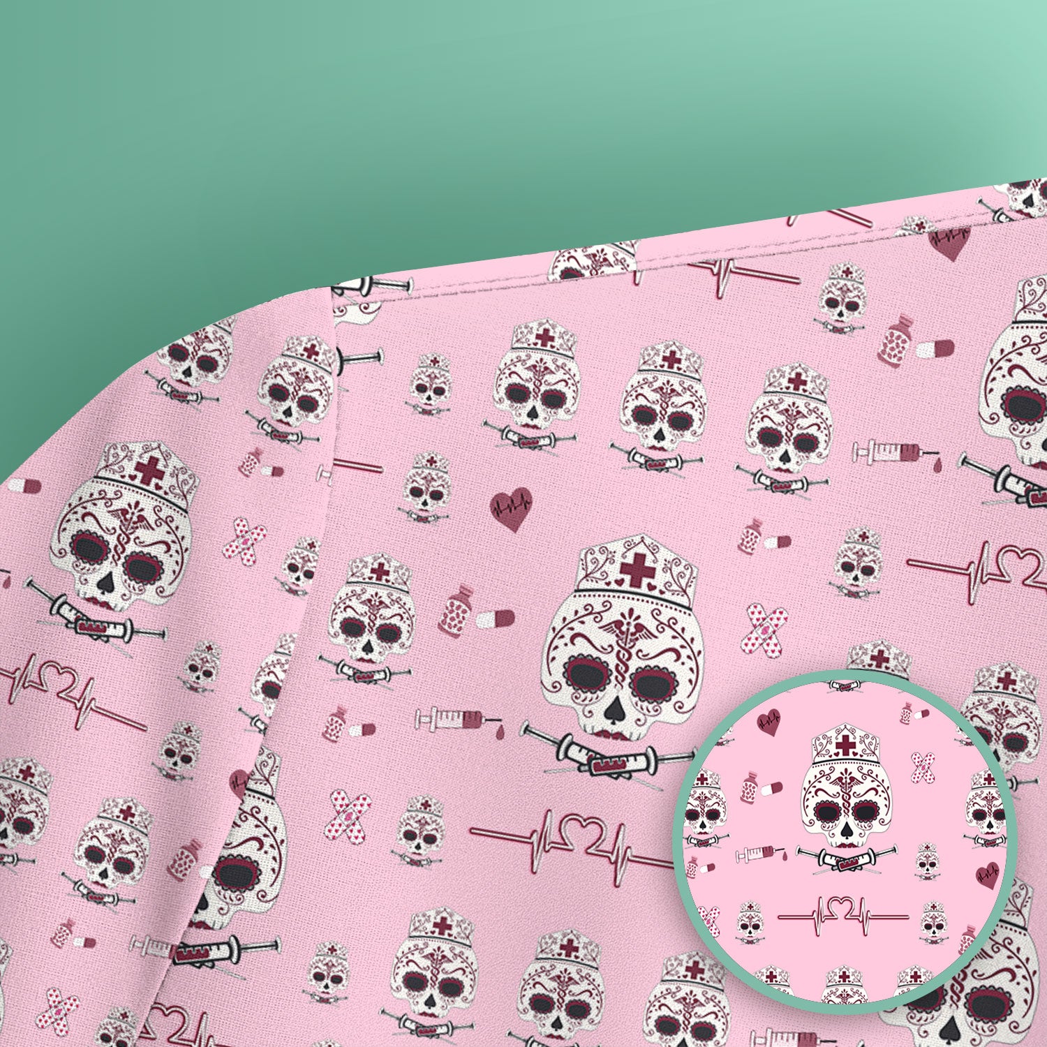 Sugar Skull Scrub Top, Skull Pattern Scrub Shirt, Breathable Fabrics Nursing Uniform