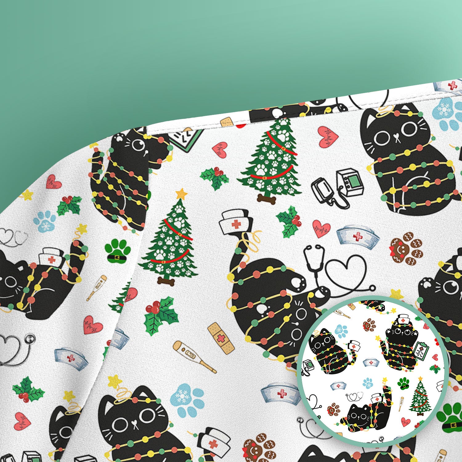 Funny Black Cat Christmas Scrub Top – Cute Holiday Kitty Pattern – Festive Medical Uniform for Nurses, Vets, and Cat Lovers