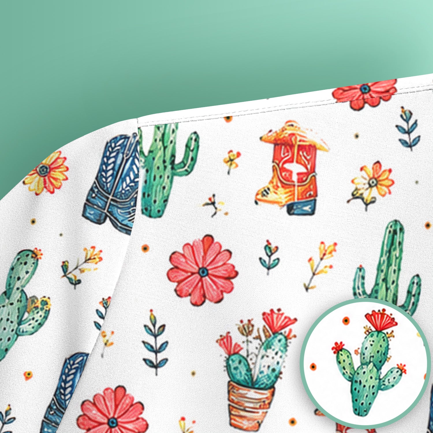 Whimsical Western Cactus Boots Pattern Scrub Top, Breathable Fabrics Nursing Uniform