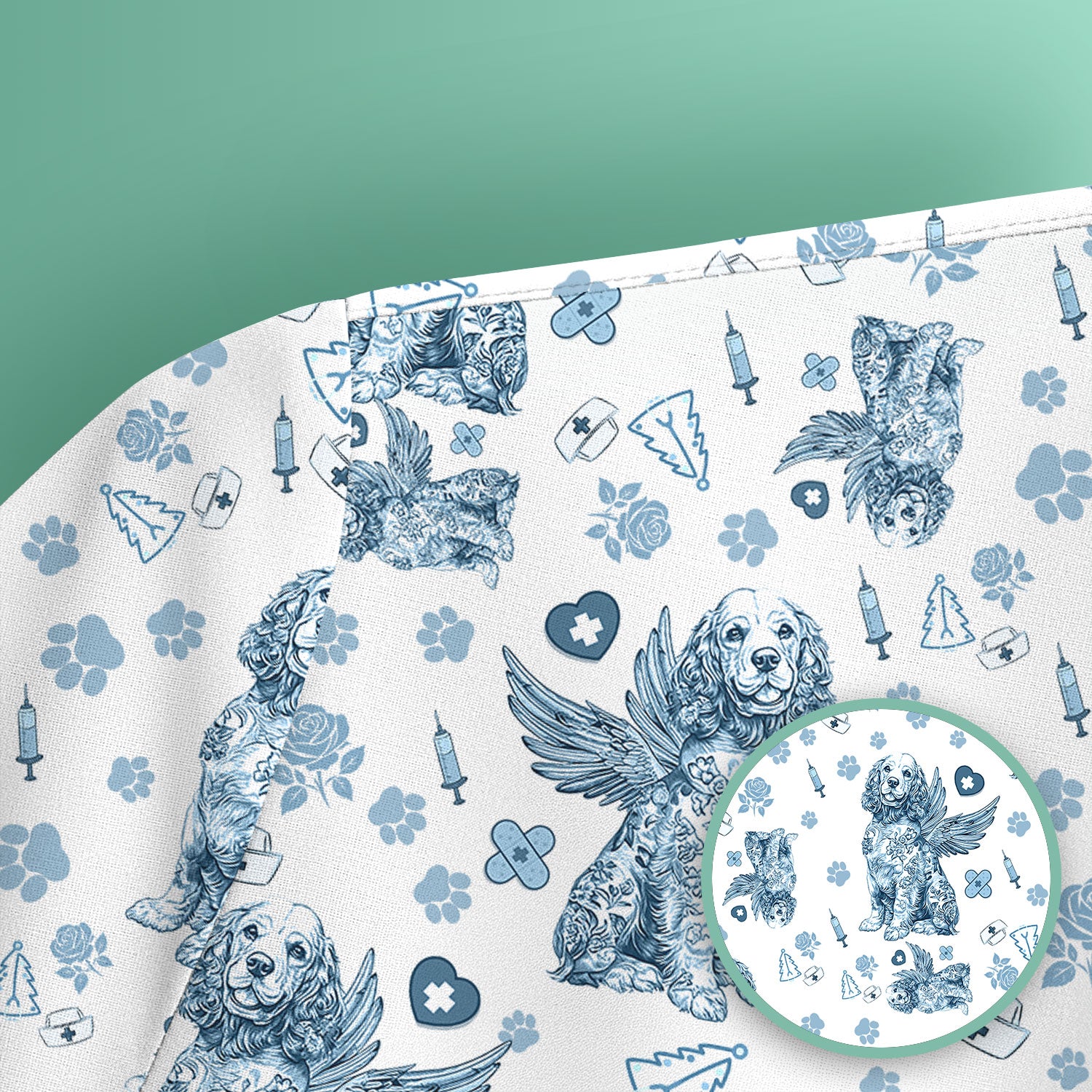 Toile De Jouy Scrubs for Nurses - Angel Puppy Medical Uniform - Floral Dog in Heaven Gift for Women, Vet Techs, RN CNA LPN