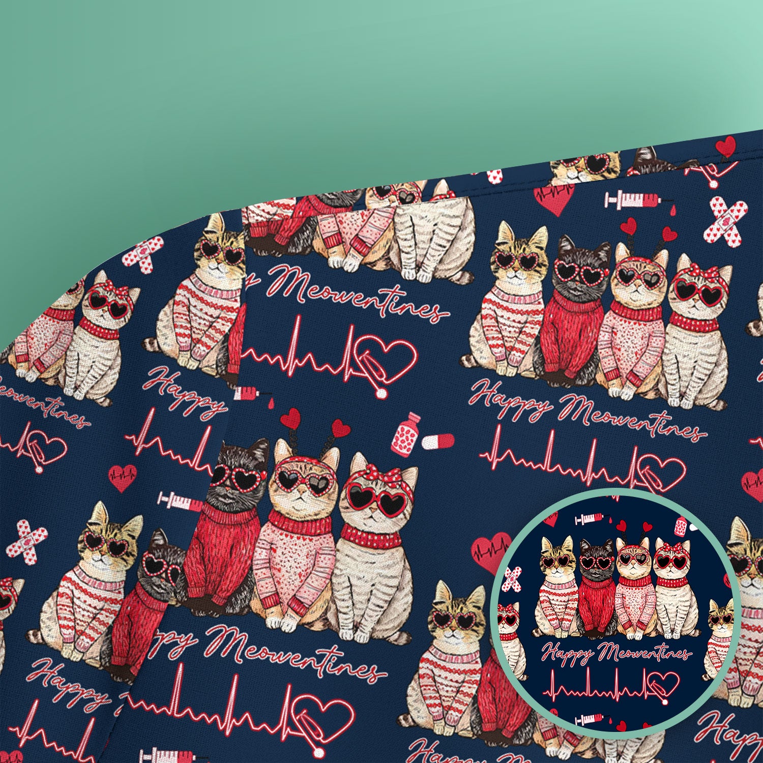 Happy Meowtines Cat Pattern Scrub Top, Valentine Cat Lover Nurse Scrub Shirt, Heartbeat Medical Pattern Nursing Uniform