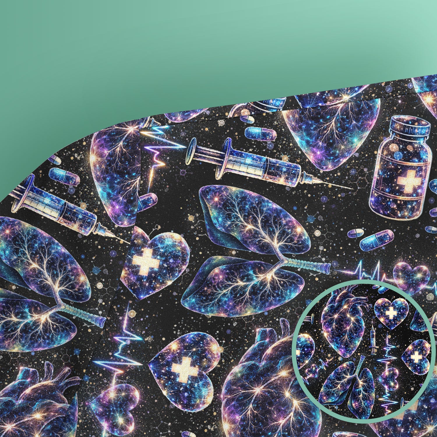 Galaxy Anatomical Heart Lung Syringe Print Scrub Top, Breathable Fabrics Nursing Uniform