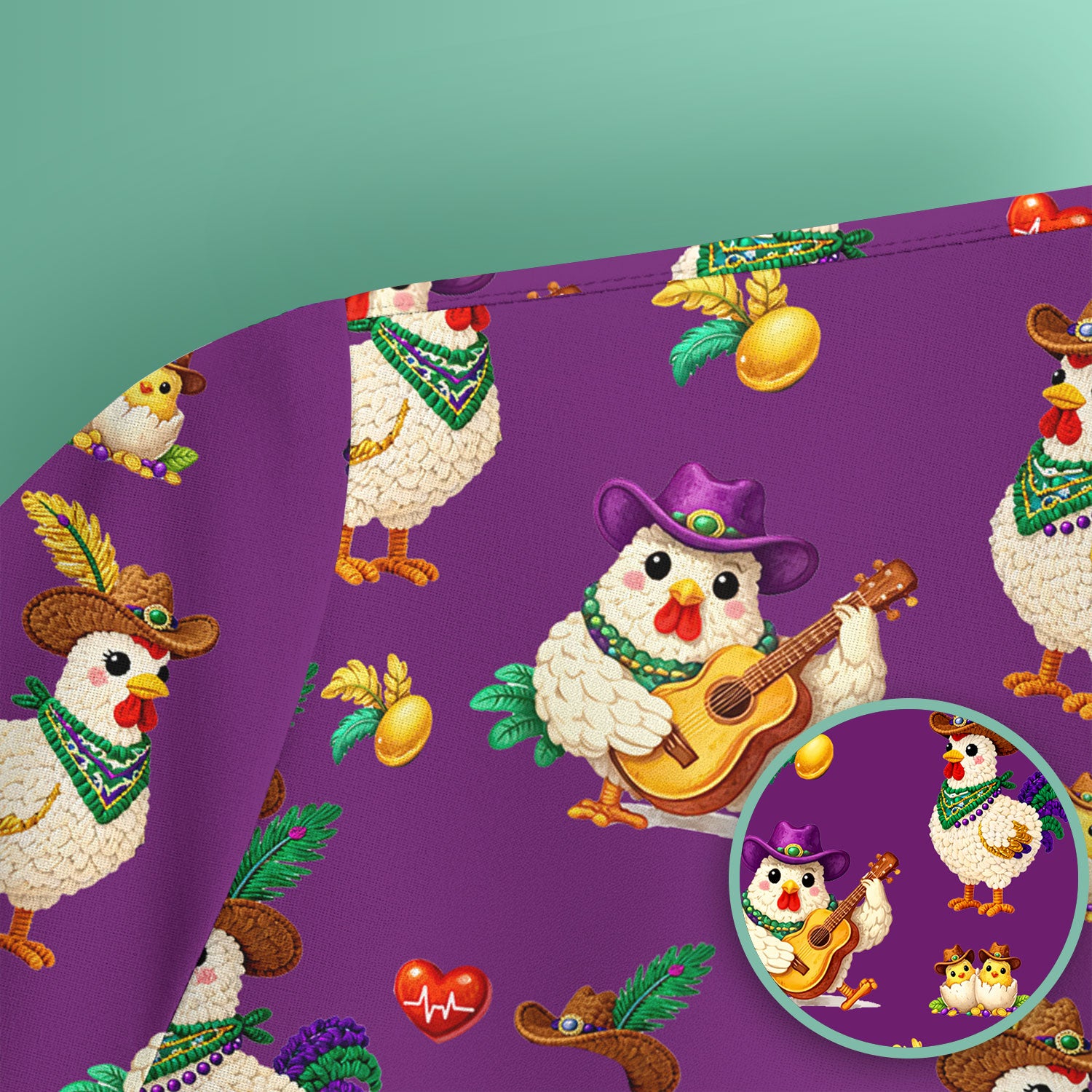 Funny Mardi Gras Rooster Cowboy Print Scrub Top, Comfortable Scrubs for Nurses